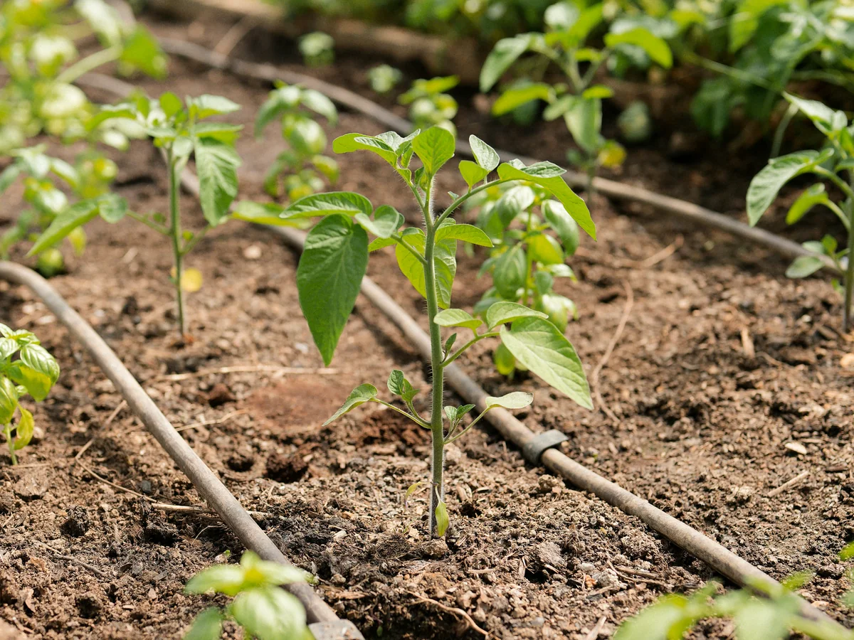 Rows of young crops with drip irrigation lines.